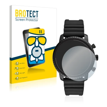 Front side of a product packaging with the brand logo BROTECT. Next to it is the device Fossil Q Explorist HR (4.Gen) shown wi