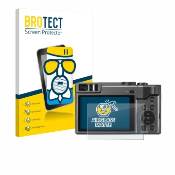 Front side of a product packaging with the brand logo BROTECT. Next to it is the device Panasonic Lumix DC-TZ90 shown with the