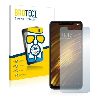 Front side of a product packaging with the brand logo BROTECT. Next to it is the device Xiaomi Pocophone F1 shown with the cor