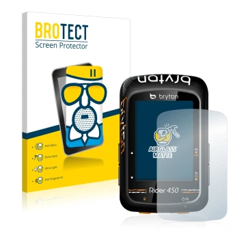 Front side of a product packaging with the brand logo BROTECT. Next to it is the device Bryton Rider 450 shown with the corres