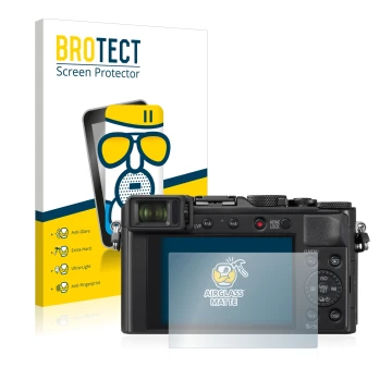 Front side of a product packaging with the brand logo BROTECT. Next to it is the device Panasonic Lumix DC-LX100 II shown with
