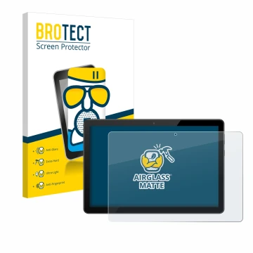 Front side of a product packaging with the brand logo BROTECT. Next to it is the device Huawei MediaPad T5 10 shown with the c
