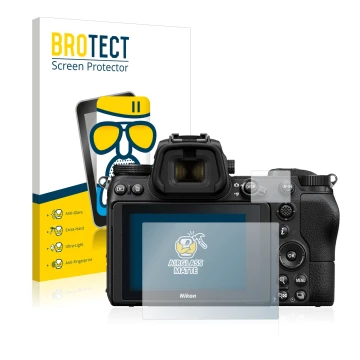 Front side of a product packaging with the brand logo BROTECT. Next to it is the device Nikon Z 6 shown with the corresponding