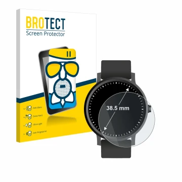 Front side of a product packaging with the brand logo BROTECT. Next to it is the device Watches (Circular, ø: 38.5 mm) shown w