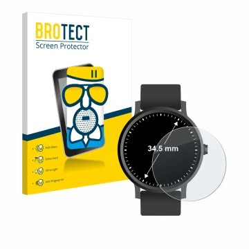 Front side of a product packaging with the brand logo BROTECT. Next to it is the device Watches (Circular, ø: 34.5 mm) shown w