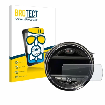 Front side of a product packaging with the brand logo BROTECT. Next to it is the device Mini Cooper F56 (8.8