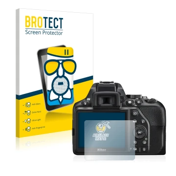 Front side of a product packaging with the brand logo BROTECT. Next to it is the device Nikon D3500 shown with the correspondi