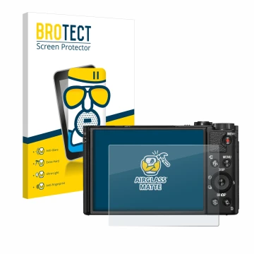 Front side of a product packaging with the brand logo BROTECT. Next to it is the device Sony Cyber-Shot DSC-HX99 shown with th
