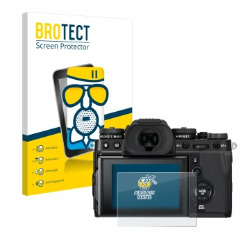 Front side of a product packaging with the brand logo BROTECT. Next to it is the device Fujifilm X-T3 shown with the correspon