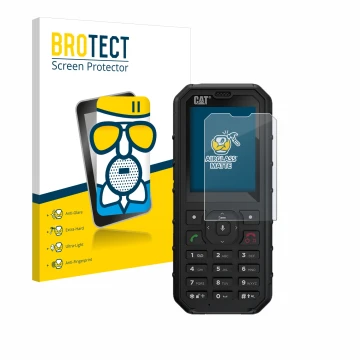 Front side of a product packaging with the brand logo BROTECT. Next to it is the device Caterpillar Cat B35 shown with the cor