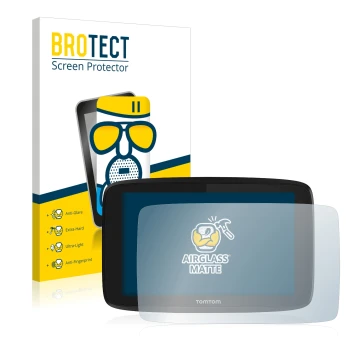 Front side of a product packaging with the brand logo BROTECT. Next to it is the device TomTom GO Essential 6