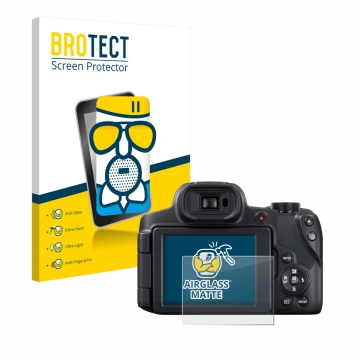 Front side of a product packaging with the brand logo BROTECT. Next to it is the device Canon PowerShot SX70 HS shown with the