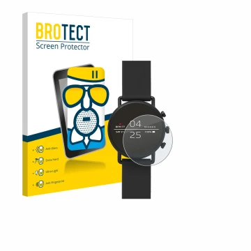 Front side of a product packaging with the brand logo BROTECT. Next to it is the device Skagen Smartwatch Falster 2 shown with