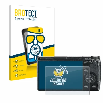 Front side of a product packaging with the brand logo BROTECT. Next to it is the device Ricoh GR III 2019 R02010 shown with th