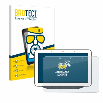 Front side of a product packaging with the brand logo BROTECT. Next to it is the device Google Home Hub shown with the corresp