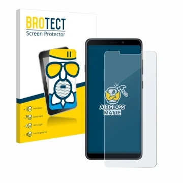 Front side of a product packaging with the brand logo BROTECT. Next to it is the device Samsung Galaxy A9 2018 shown with the 