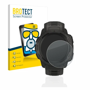 Front side of a product packaging with the brand logo BROTECT. Next to it is the device Garmin Instinct shown with the corresp