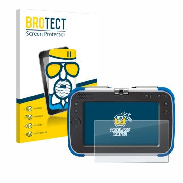 Front side of a product packaging with the brand logo BROTECT. Next to it is the device Vtech Storio Max XL 2.0 shown with the