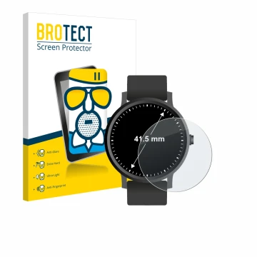 Front side of a product packaging with the brand logo BROTECT. Next to it is the device Watches (Circular, ø: 41.5 mm) shown w