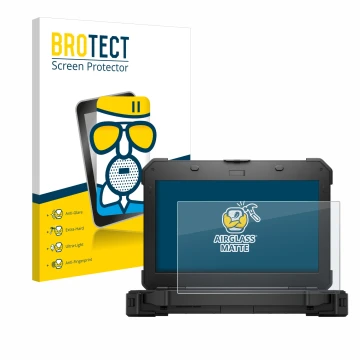 Front side of a product packaging with the brand logo BROTECT. Next to it is the device Dell Latitude 5420 Rugged shown with t