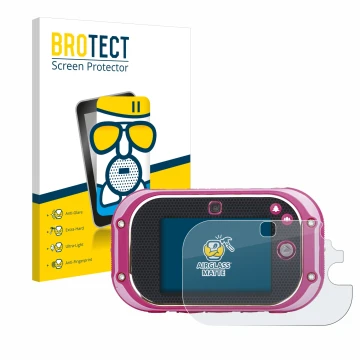 Front side of a product packaging with the brand logo BROTECT. Next to it is the device Vtech Kidizoom Touch 5.0 2018 shown wi