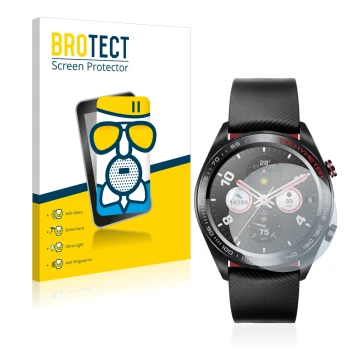 Front side of a product packaging with the brand logo BROTECT. Next to it is the device Honor Watch Magic shown with the corre