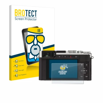 Front side of a product packaging with the brand logo BROTECT. Next to it is the device Leica D-Lux 7 shown with the correspon
