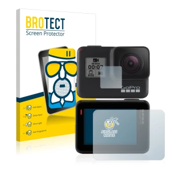 Front side of a product packaging with the brand logo BROTECT. Next to it is the device GoPro Hero 7 Black shown with the corr