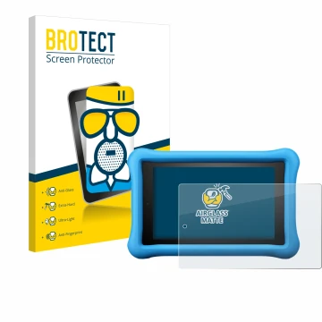 Front side of a product packaging with the brand logo BROTECT. Next to it is the device Amazon Fire HD 8 Kids Edition 2018 (8t