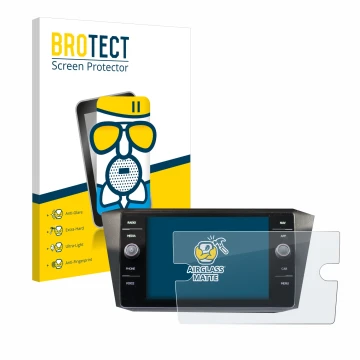 Front side of a product packaging with the brand logo BROTECT. Next to it is the device Volkswagen Tiguan Discover Media 8