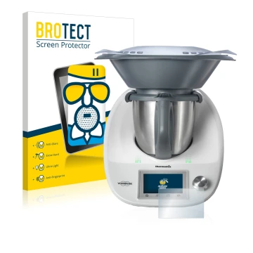 Front side of a product packaging with the brand logo BROTECT. Next to it is the device Vorwerk Bimby TM5 shown with the corre