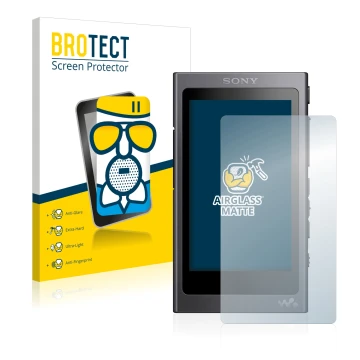 Front side of a product packaging with the brand logo BROTECT. Next to it is the device Sony Walkman A40 shown with the corres