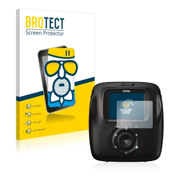Front side of a product packaging with the brand logo BROTECT. Next to it is the device Fujifilm Instax Square SQ20 shown with