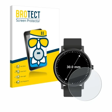 Front side of a product packaging with the brand logo BROTECT. Next to it is the device Circular Displays (ø: 30 mm) shown wit