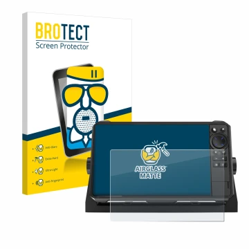 Front side of a product packaging with the brand logo BROTECT. Next to it is the device Lowrance HDS 9 Live Echolot shown with