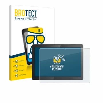 Front side of a product packaging with the brand logo BROTECT. Next to it is the device Lenovo Tab M10 TB-X605F shown with the