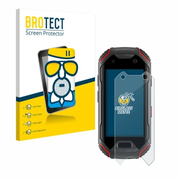 Front side of a product packaging with the brand logo BROTECT. Next to it is the device Unihertz Atom shown with the correspon