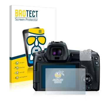 Front side of a product packaging with the brand logo BROTECT. Next to it is the device Canon EOS R shown with the correspondi