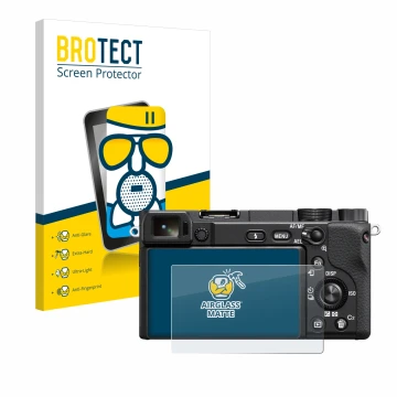 Front side of a product packaging with the brand logo BROTECT. Next to it is the device Sony Alpha 6400 shown with the corresp