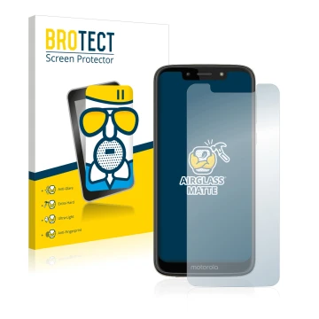Front side of a product packaging with the brand logo BROTECT. Next to it is the device Motorola Moto G7 Play shown with the c