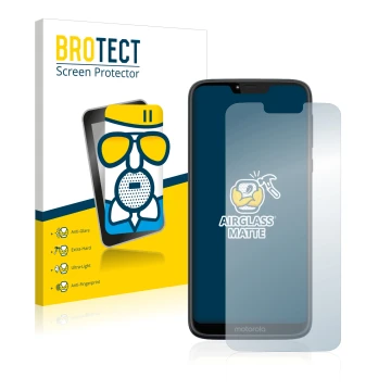 Front side of a product packaging with the brand logo BROTECT. Next to it is the device Motorola Moto G7 Power shown with the 