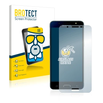 Front side of a product packaging with the brand logo BROTECT. Next to it is the device Samsung Galaxy J5 2016 shown with the 