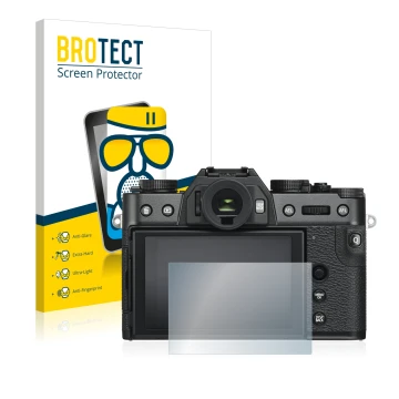 Front side of a product packaging with the brand logo BROTECT. Next to it is the device Fujifilm X-T30 shown with the correspo