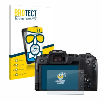Front side of a product packaging with the brand logo BROTECT. Next to it is the device Canon EOS RP shown with the correspond