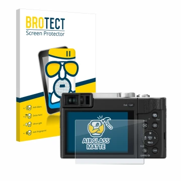 Front side of a product packaging with the brand logo BROTECT. Next to it is the device Panasonic Lumix DC-TZ96 shown with the