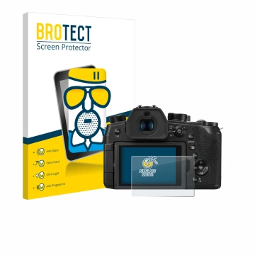 Front side of a product packaging with the brand logo BROTECT. Next to it is the device Panasonic Lumix DC-FZ1000 II shown wit
