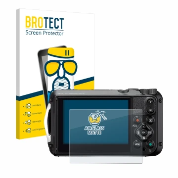 Front side of a product packaging with the brand logo BROTECT. Next to it is the device Ricoh WG-6 shown with the correspondin