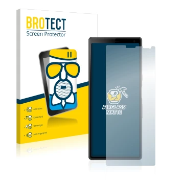 Front side of a product packaging with the brand logo BROTECT. Next to it is the device Sony Xperia 10 shown with the correspo