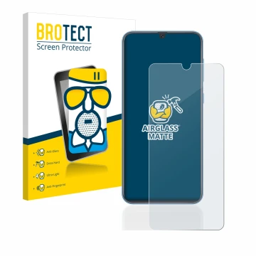 Front side of a product packaging with the brand logo BROTECT. Next to it is the device Samsung Galaxy A40 shown with the corr
