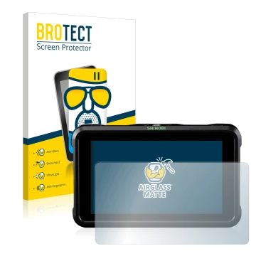 Front side of a product packaging with the brand logo BROTECT. Next to it is the device Atomos Shinobi shown with the correspo